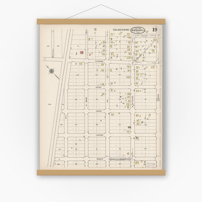 Old map wall art mockup — magnetic wood frame on white wall — Sanborn Fire Insurance Map from New Braunfels, Comal County, Texas (1922), Sheet #0019