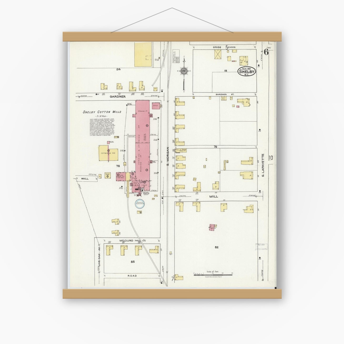 Old map wall art mockup — magnetic wood frame on white wall — Sanborn Fire Insurance Map from Shelby, Cleveland County, North Carolina (1921), Sheet #0006