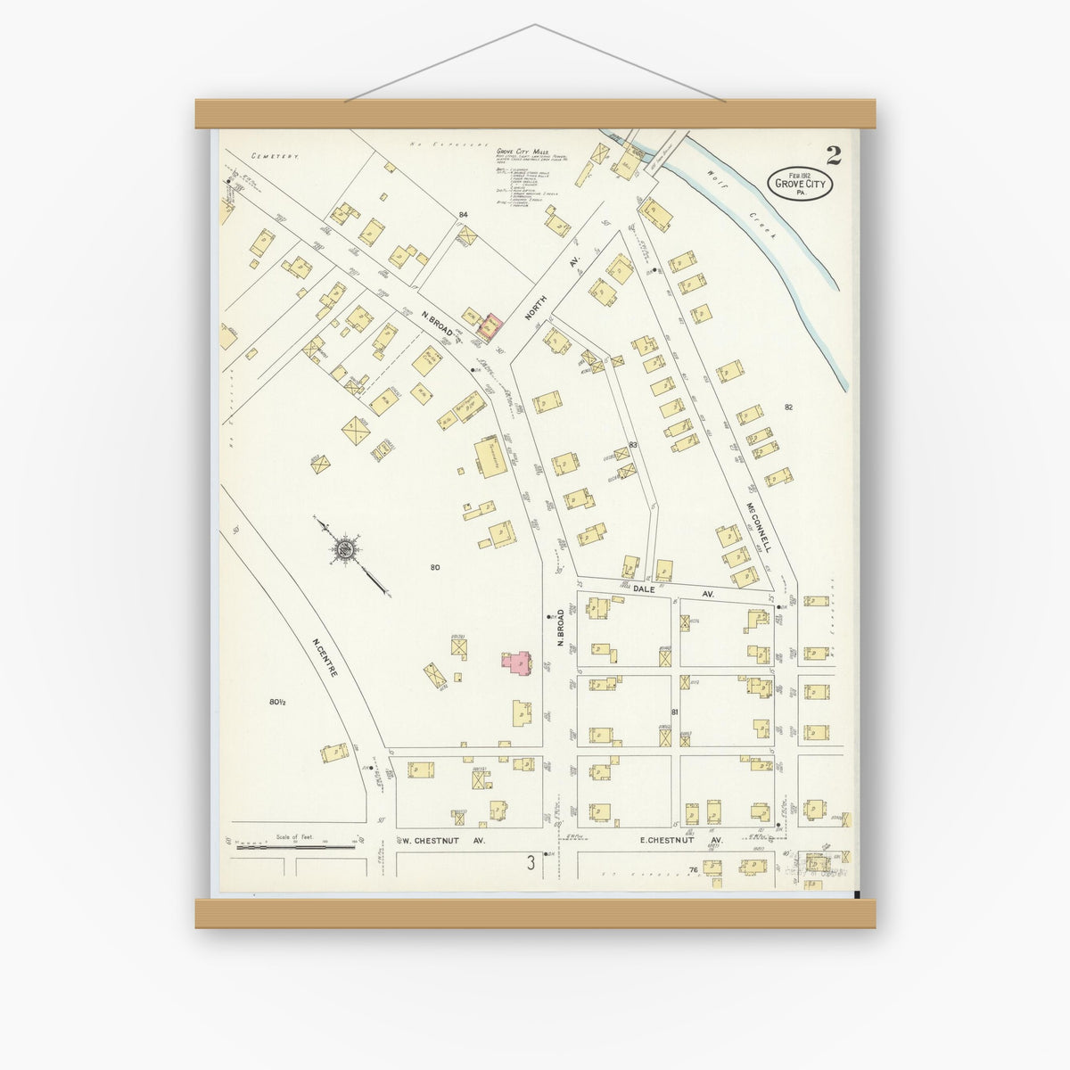 Old map wall art mockup — magnetic wood frame on white wall — Sanborn Fire Insurance Map from Grove City, Mercer County, Pennsylvania (1912), Sheet #0002