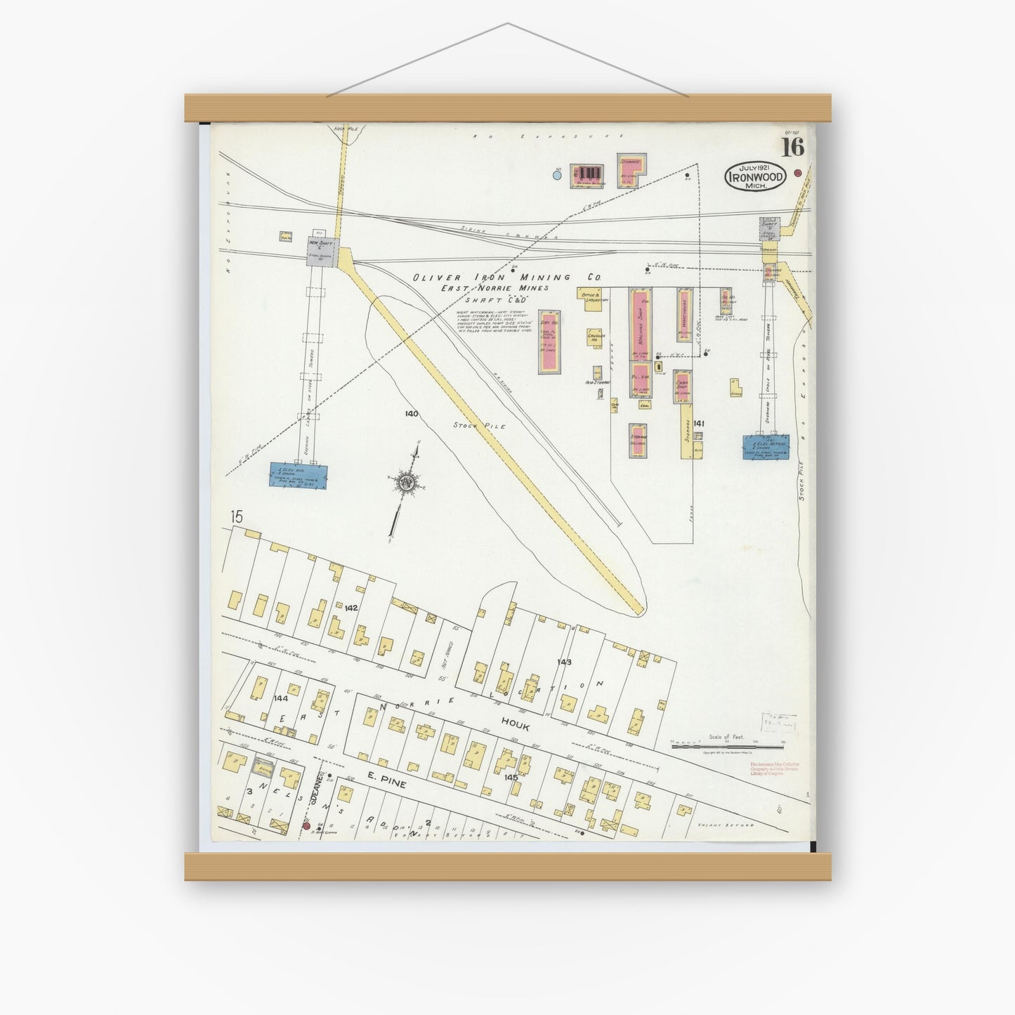 Old map wall art mockup — magnetic wood frame on white wall — Sanborn Fire Insurance Map from Ironwood, Gogebic County, Michigan (1921), Sheet #0016