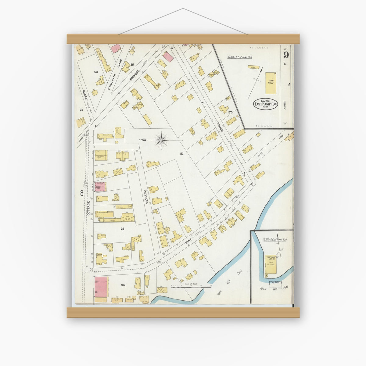 Old map wall art mockup — magnetic wood frame on white wall — Sanborn Fire Insurance Map from East Hampton, Hampshire County, Massachusetts (1902), Sheet #0009