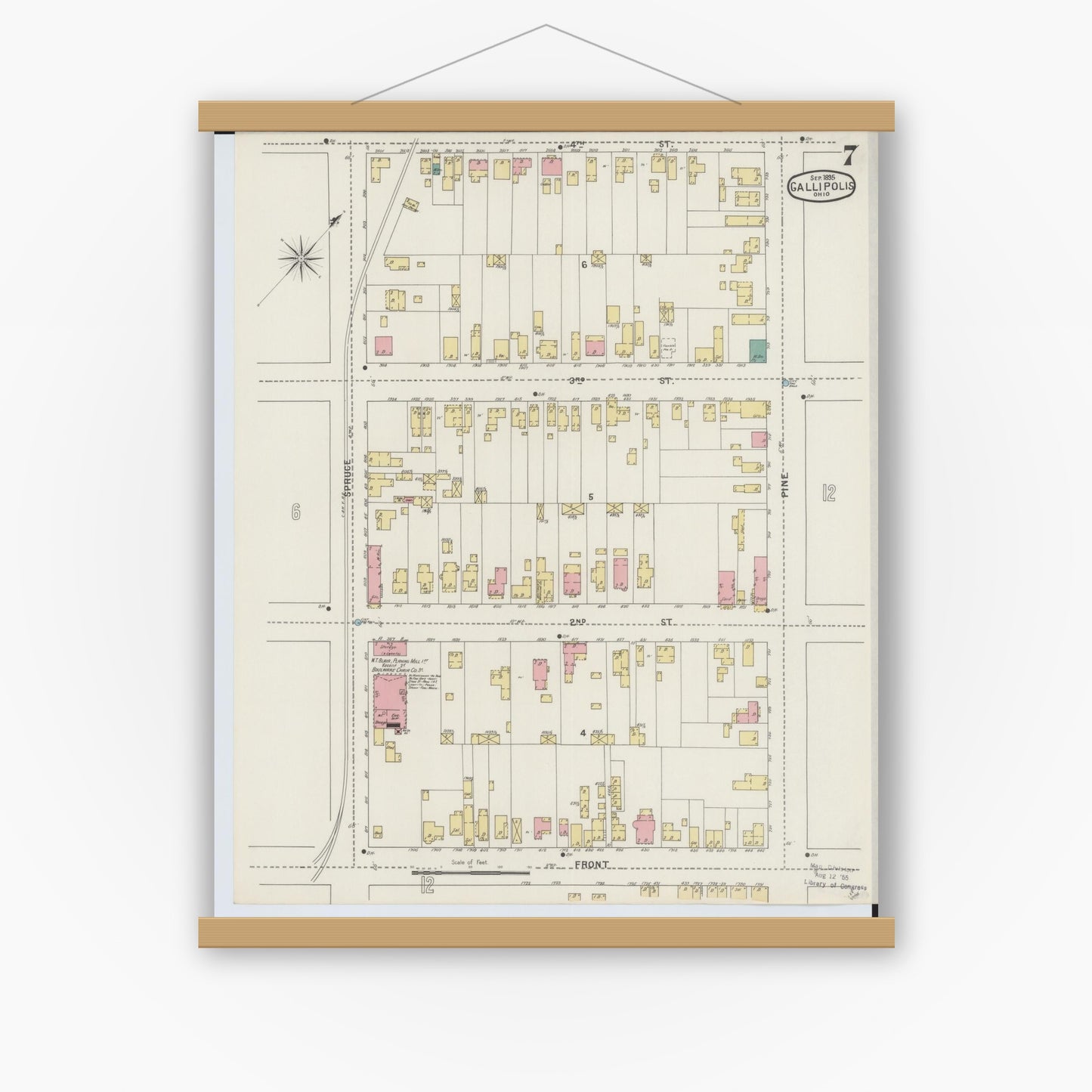 Old map wall art mockup — magnetic wood frame on white wall — Sanborn Fire Insurance Map from Gallipolis, Gallia County, Ohio (1895), Sheet #0007
