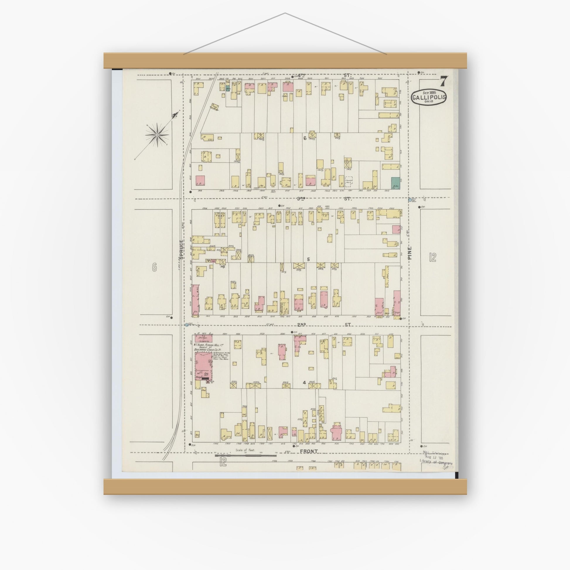 Old map wall art mockup — magnetic wood frame on white wall — Sanborn Fire Insurance Map from Gallipolis, Gallia County, Ohio (1895), Sheet #0007