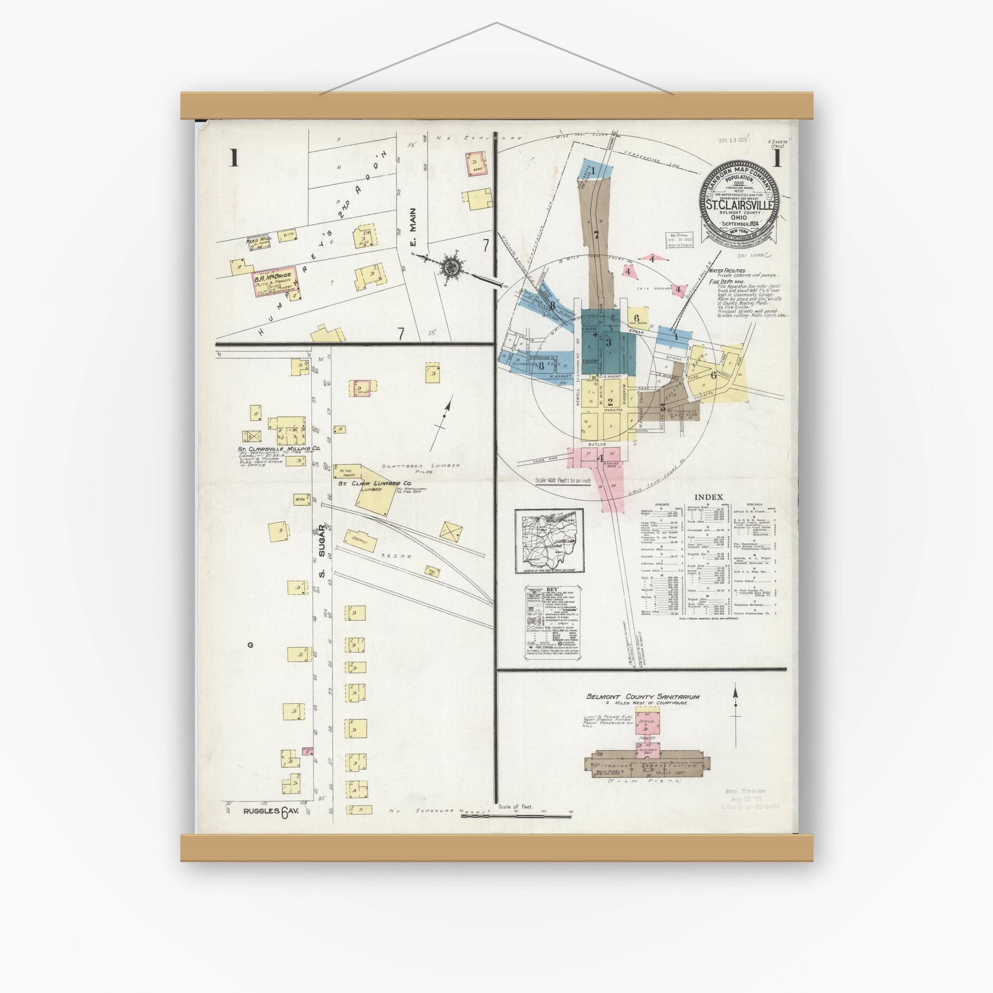 Old map wall art mockup — magnetic wood frame on white wall — Sanborn Fire Insurance Map from Saint Clairsville, Belmont County, Ohio (1924) - Complete Map Set