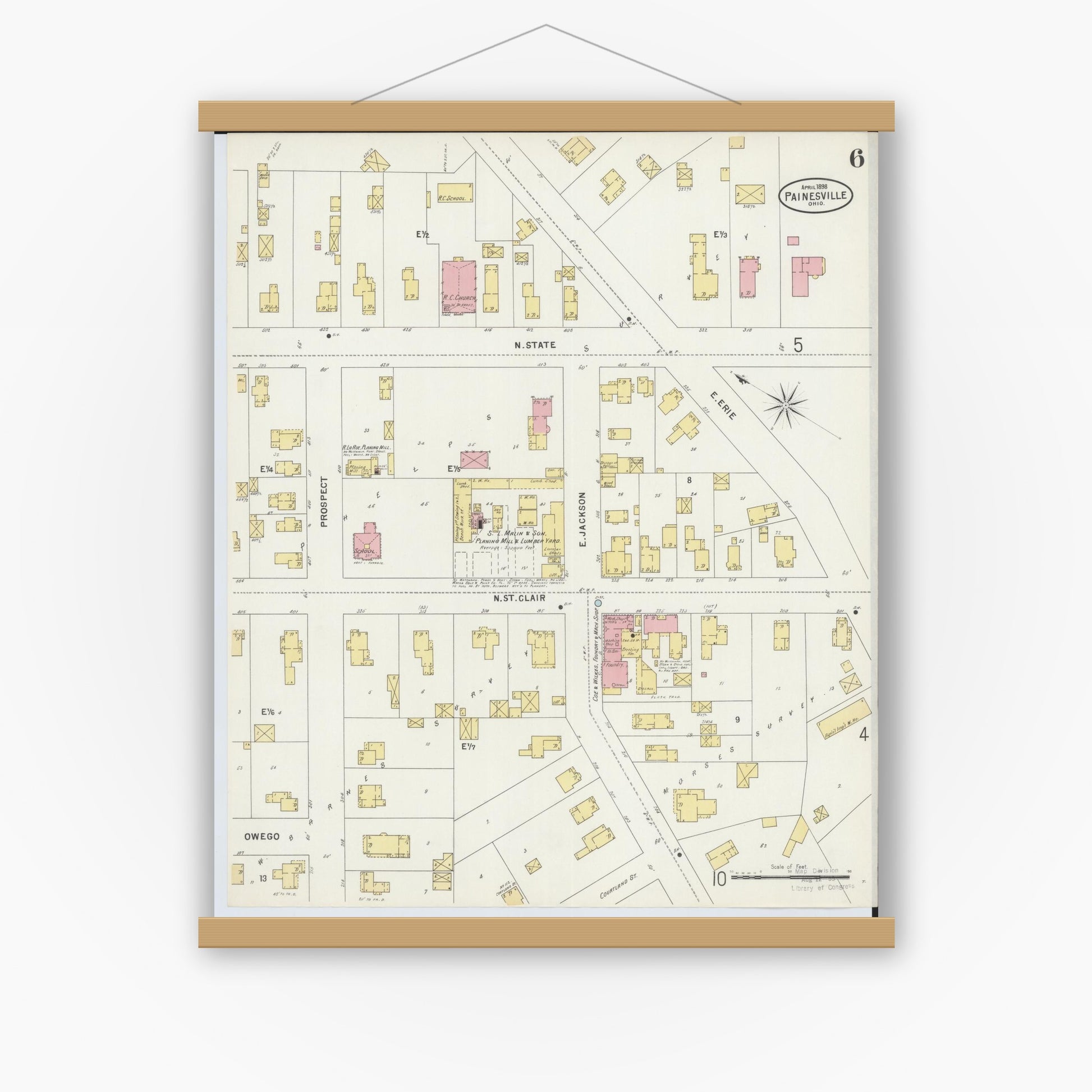 Old map wall art mockup — magnetic wood frame on white wall — Sanborn Fire Insurance Map from Painesville, Lake County, Ohio (1898), Sheet #0006