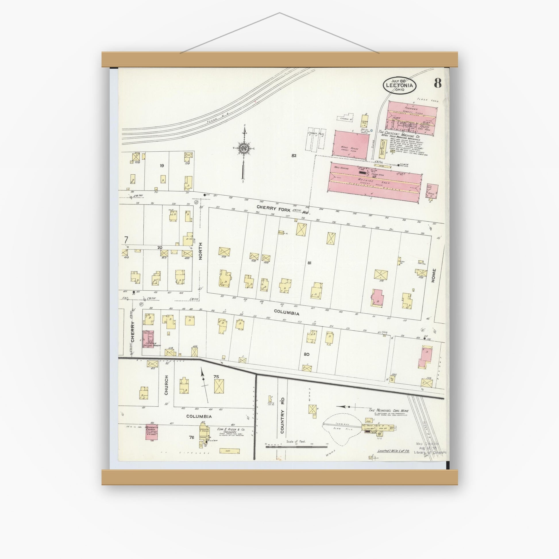 Old map wall art mockup — magnetic wood frame on white wall — Sanborn Fire Insurance Map from Leetonia, Columbiana County, Ohio (1910), Sheet #0008