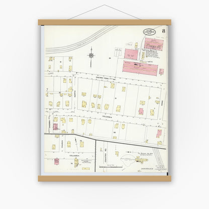Old map wall art mockup — magnetic wood frame on white wall — Sanborn Fire Insurance Map from Leetonia, Columbiana County, Ohio (1910), Sheet #0008