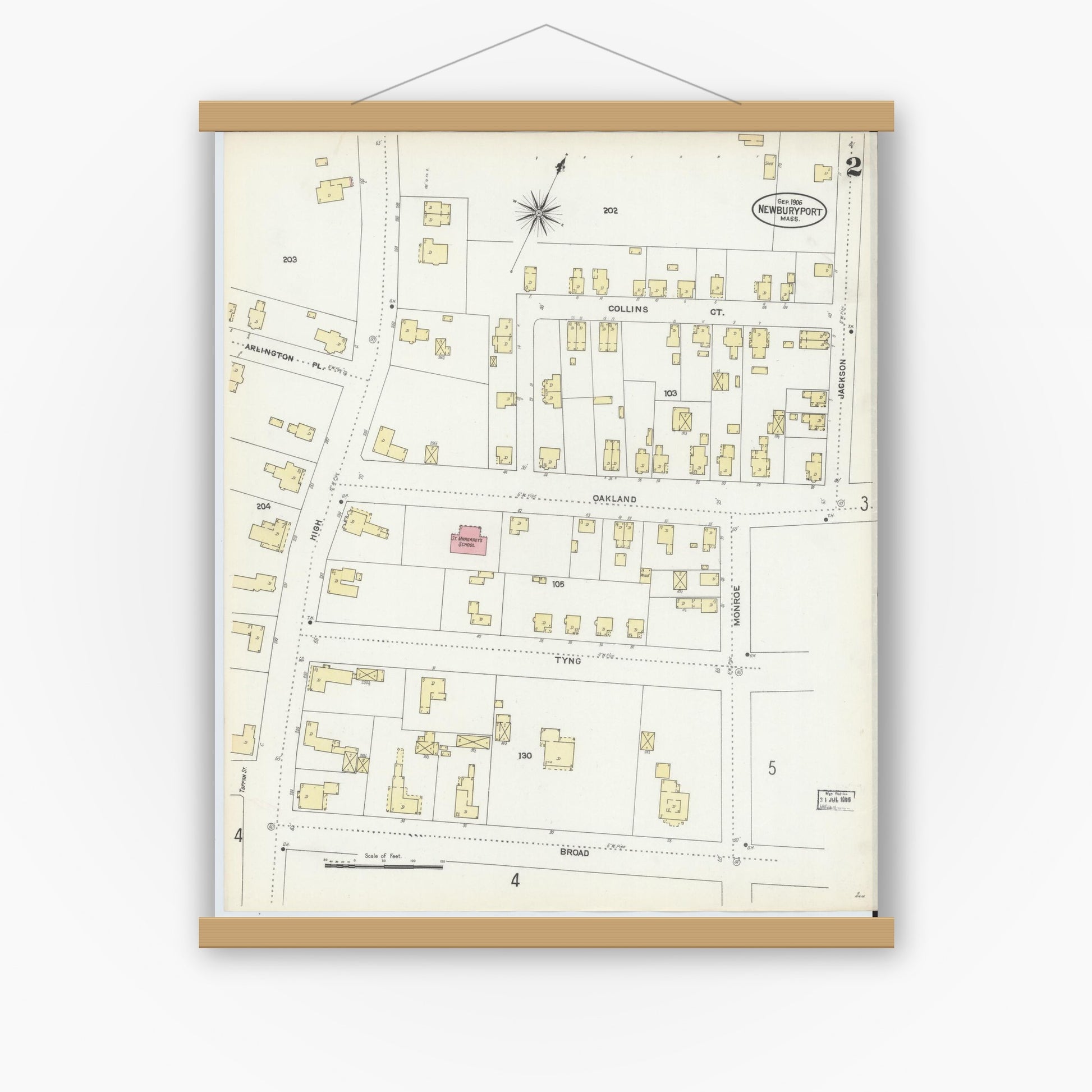 Old map wall art mockup — magnetic wood frame on white wall — Sanborn Fire Insurance Map from Newburyport, Essex County, Massachusetts (1906), Sheet #0002