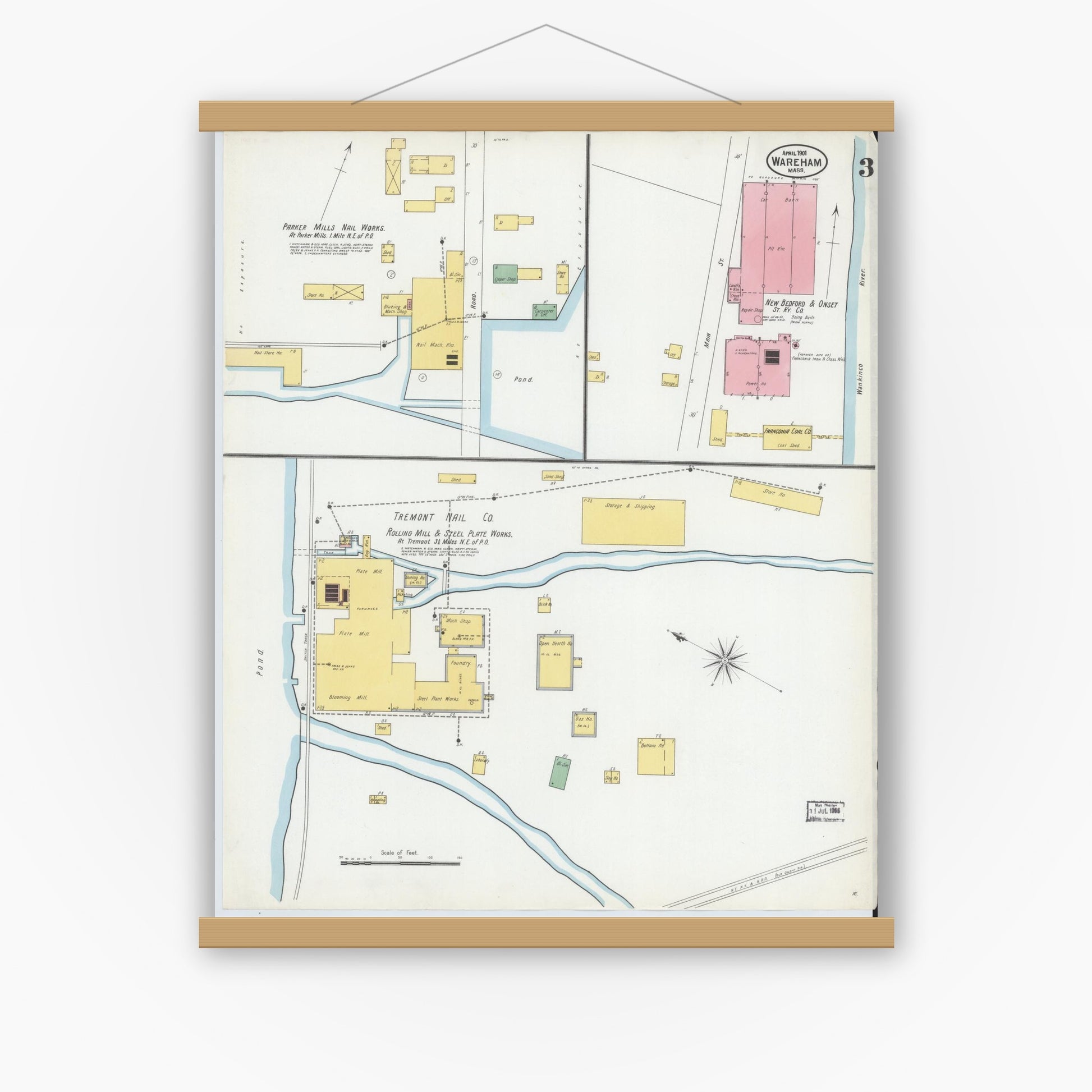 Old map wall art mockup — magnetic wood frame on white wall — Sanborn Fire Insurance Map from Wareham, Plymouth County, Massachusetts (1901), Sheet #0003