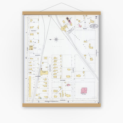 Old map wall art mockup — magnetic wood frame on white wall — Sanborn Fire Insurance Map from Taylorville, Christian County, Illinois (1899), Sheet #0007