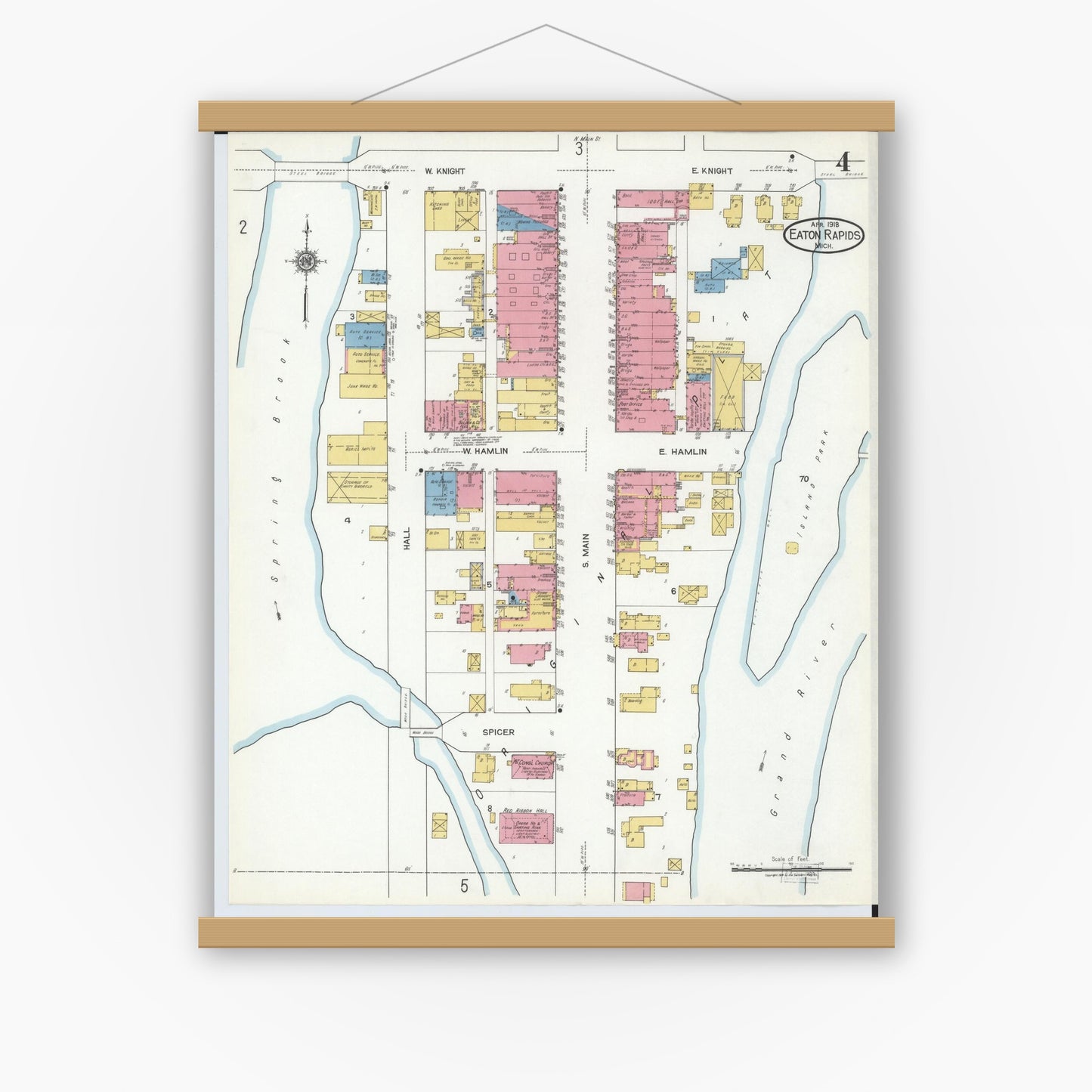 Old map wall art mockup — magnetic wood frame on white wall — Sanborn Fire Insurance Map from Eaton Rapids, Eaton County, Michigan (1918), Sheet #0004