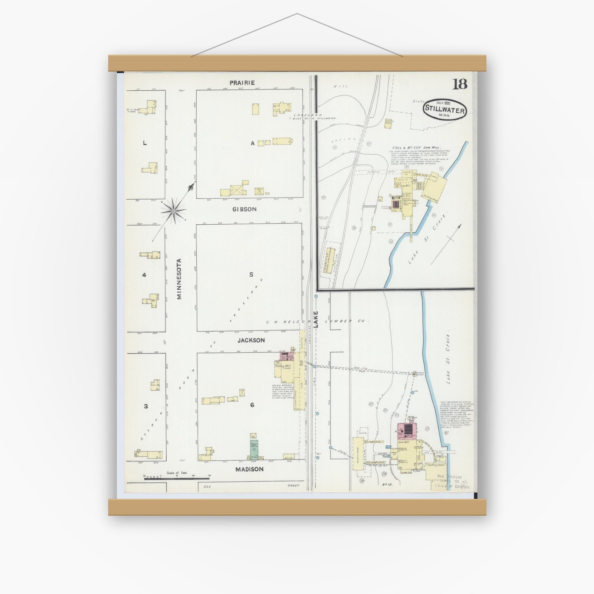 Old map wall art mockup — magnetic wood frame on white wall — Sanborn Fire Insurance Map from Stillwater, Washington County, Minnesota (1891), Sheet #0018