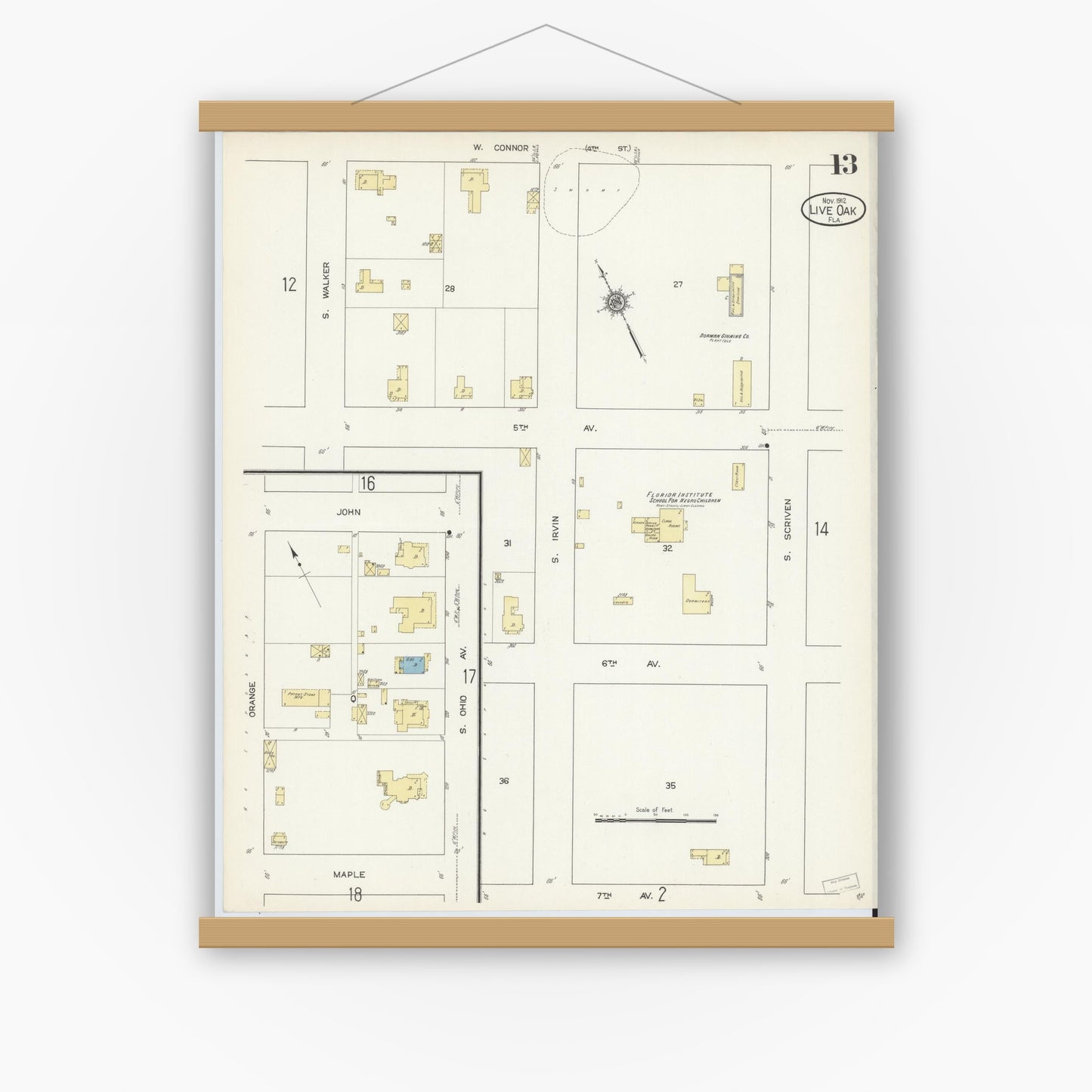 Old map wall art mockup — magnetic wood frame on white wall — Sanborn Fire Insurance Map from Live Oak, Suwanee County, Florida (1912), Sheet #0013