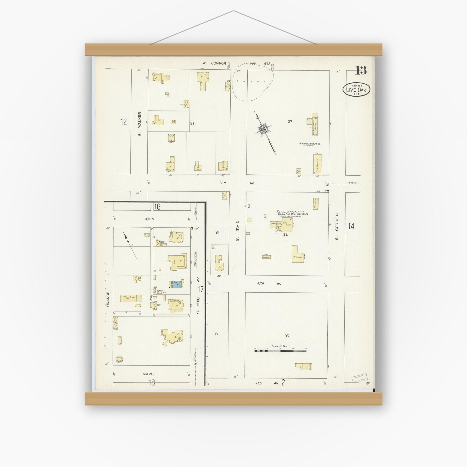 Old map wall art mockup — magnetic wood frame on white wall — Sanborn Fire Insurance Map from Live Oak, Suwanee County, Florida (1912), Sheet #0013