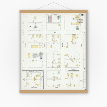 Old map wall art mockup — magnetic wood frame on white wall — Sanborn Fire Insurance Map from Henrietta, Clay County, Texas (1902), Sheet #0002