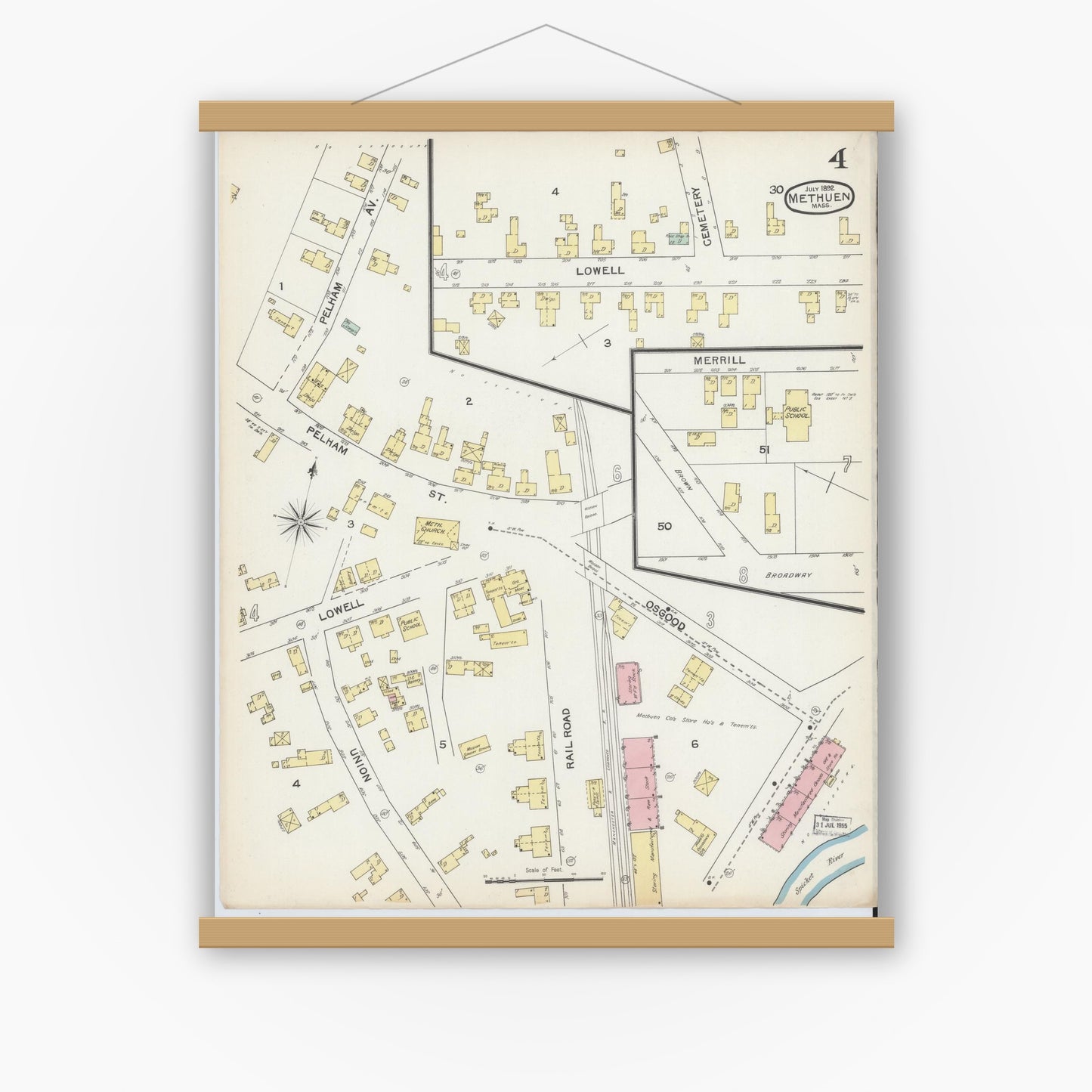 Old map wall art mockup — magnetic wood frame on white wall — Sanborn Fire Insurance Map from Methuen, Essex County, Massachusetts (1892), Sheet #0004