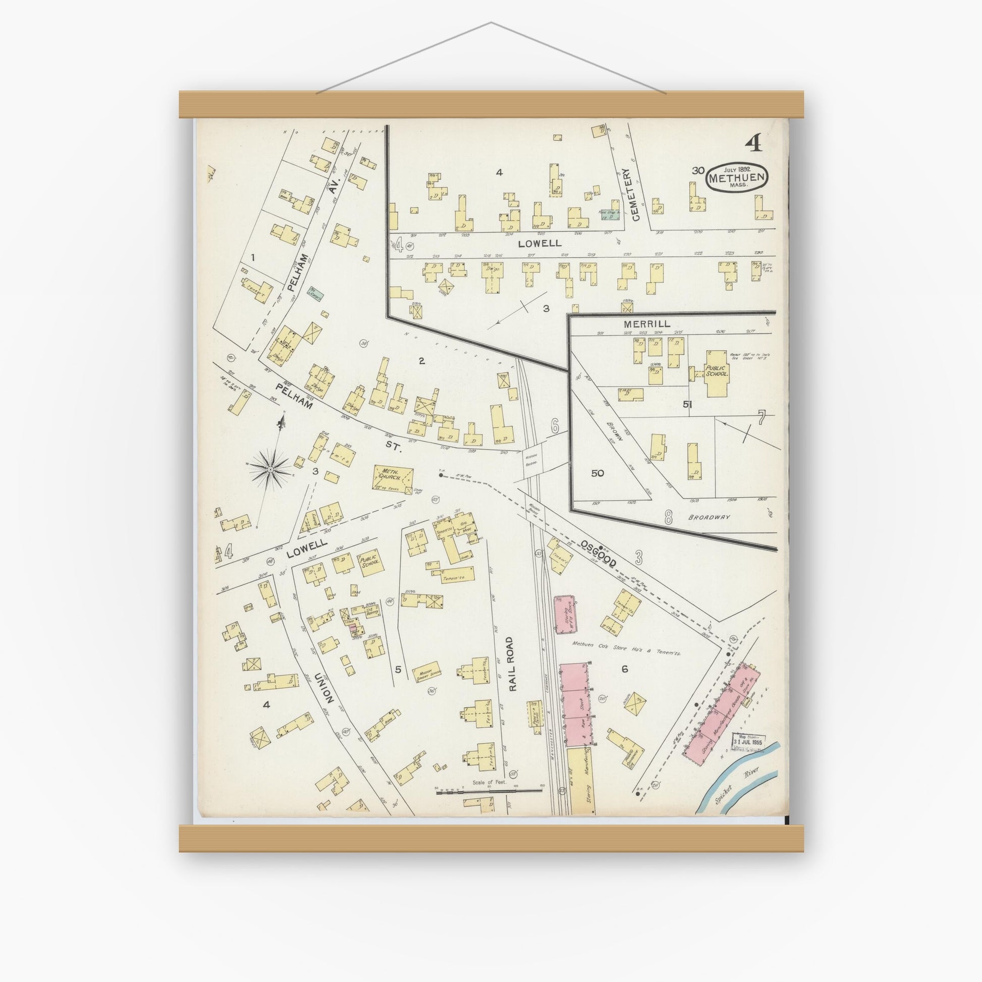 Old map wall art mockup — magnetic wood frame on white wall — Sanborn Fire Insurance Map from Methuen, Essex County, Massachusetts (1892), Sheet #0004