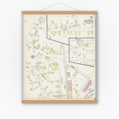 Old map wall art mockup — magnetic wood frame on white wall — Sanborn Fire Insurance Map from Methuen, Essex County, Massachusetts (1892), Sheet #0004
