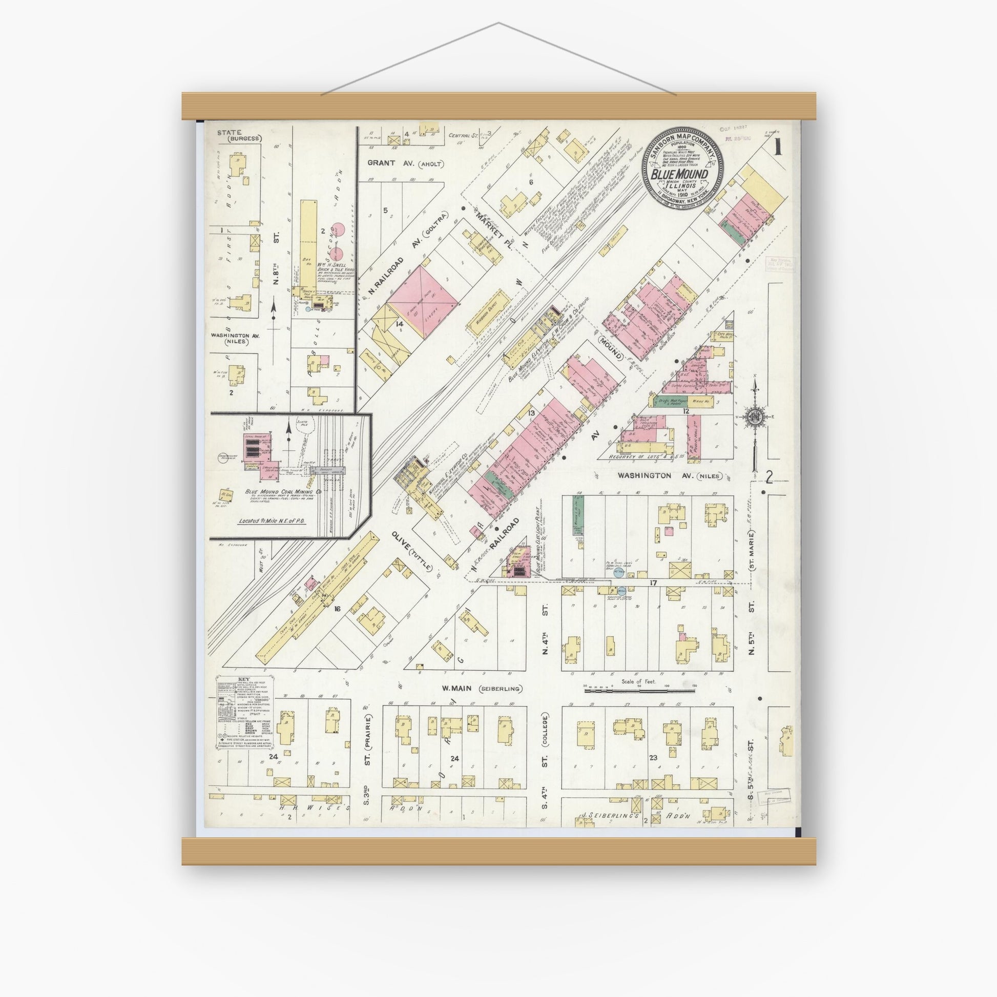 Old map wall art mockup — magnetic wood frame on white wall — Sanborn Fire Insurance Map from Blue Mound, Macon County, Illinois (1910), Sheet #0001