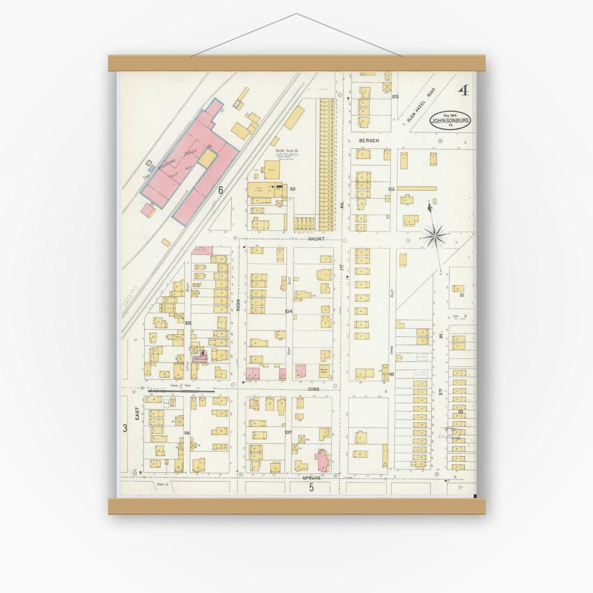 Old map wall art mockup — magnetic wood frame on white wall — Sanborn Fire Insurance Map from Johnsonburg, Elk County, Pennsylvania (1904), Sheet #0004