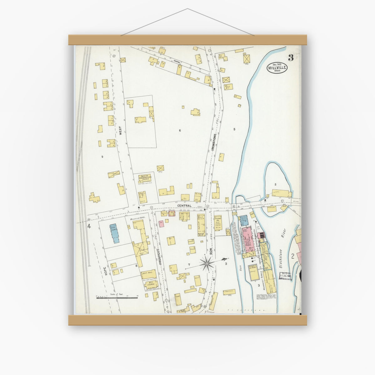 Old map wall art mockup — magnetic wood frame on white wall — Sanborn Fire Insurance Map from Millville, Worcester County, Massachusetts (1903), Sheet #0003