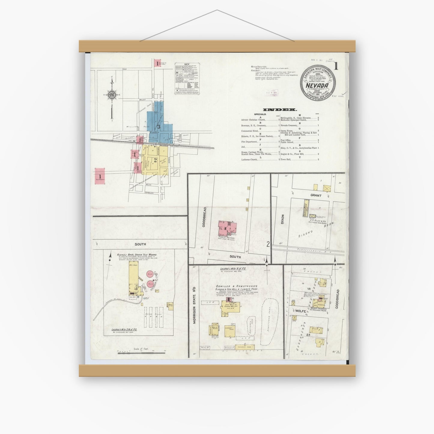 Old map wall art mockup — magnetic wood frame on white wall — Sanborn Fire Insurance Map from Nevada, Wyandot County, Ohio (1911), Sheet #0001