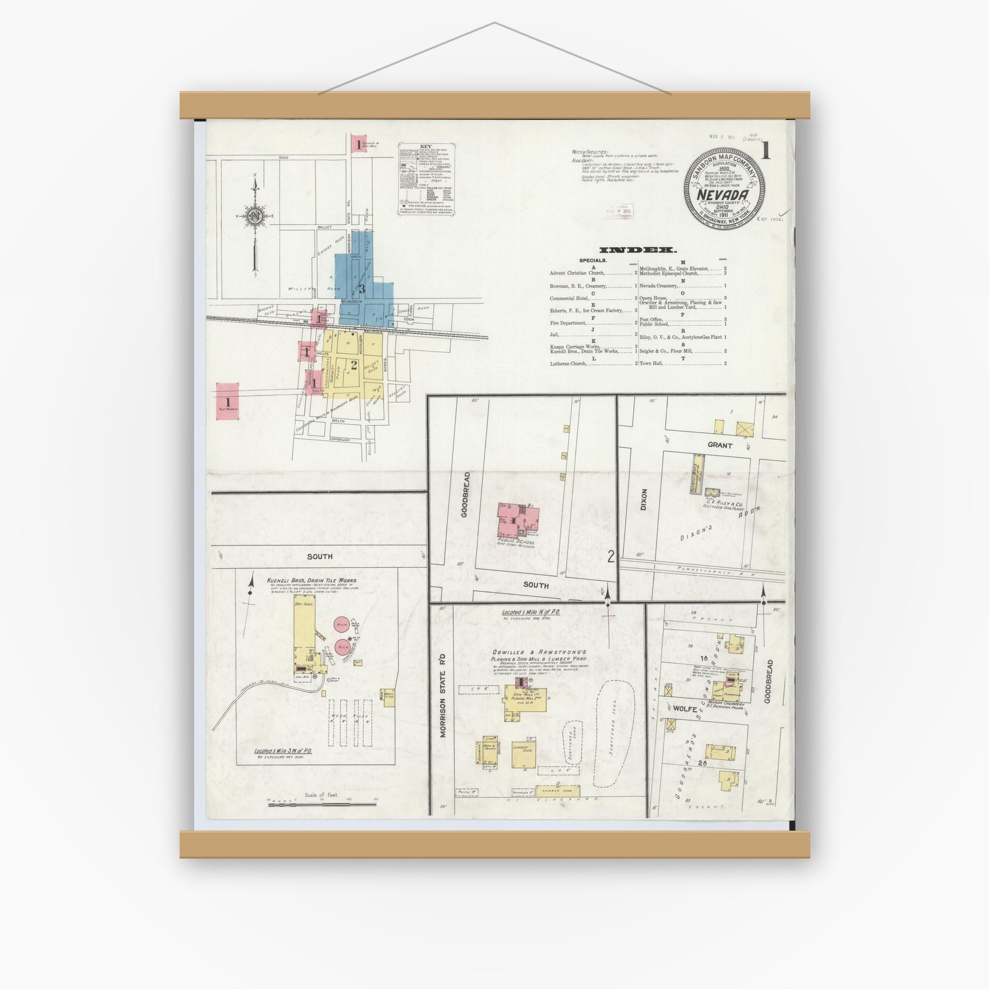 Old map wall art mockup — magnetic wood frame on white wall — Sanborn Fire Insurance Map from Nevada, Wyandot County, Ohio (1911), Sheet #0001