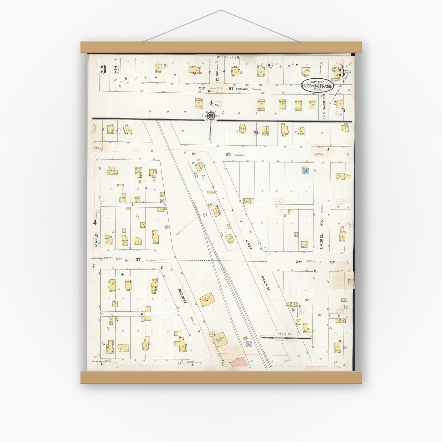 Old map wall art mockup — magnetic wood frame on white wall — Sanborn Fire Insurance Map from Blooming Prairie, Steele County, Minnesota (1937), Sheet #0003