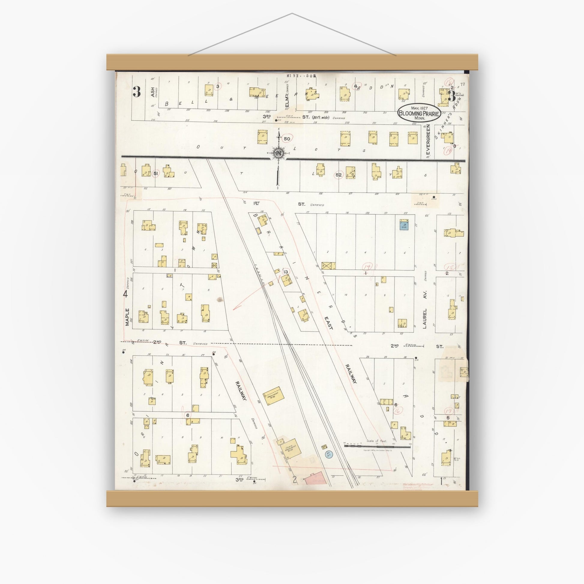 Old map wall art mockup — magnetic wood frame on white wall — Sanborn Fire Insurance Map from Blooming Prairie, Steele County, Minnesota (1937), Sheet #0003