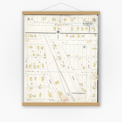 Old map wall art mockup — magnetic wood frame on white wall — Sanborn Fire Insurance Map from Blooming Prairie, Steele County, Minnesota (1937), Sheet #0003