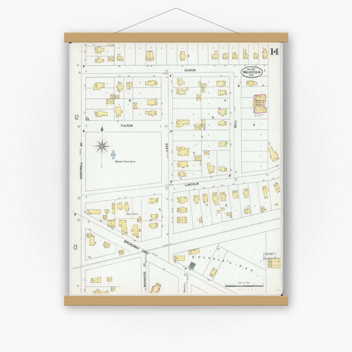 Old map wall art mockup — magnetic wood frame on white wall — Sanborn Fire Insurance Map from Waukesha, Waukesha County, Wisconsin (1901), Sheet #0014