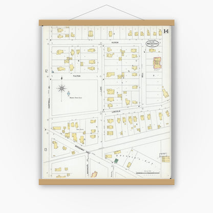 Old map wall art mockup — magnetic wood frame on white wall — Sanborn Fire Insurance Map from Waukesha, Waukesha County, Wisconsin (1901), Sheet #0014