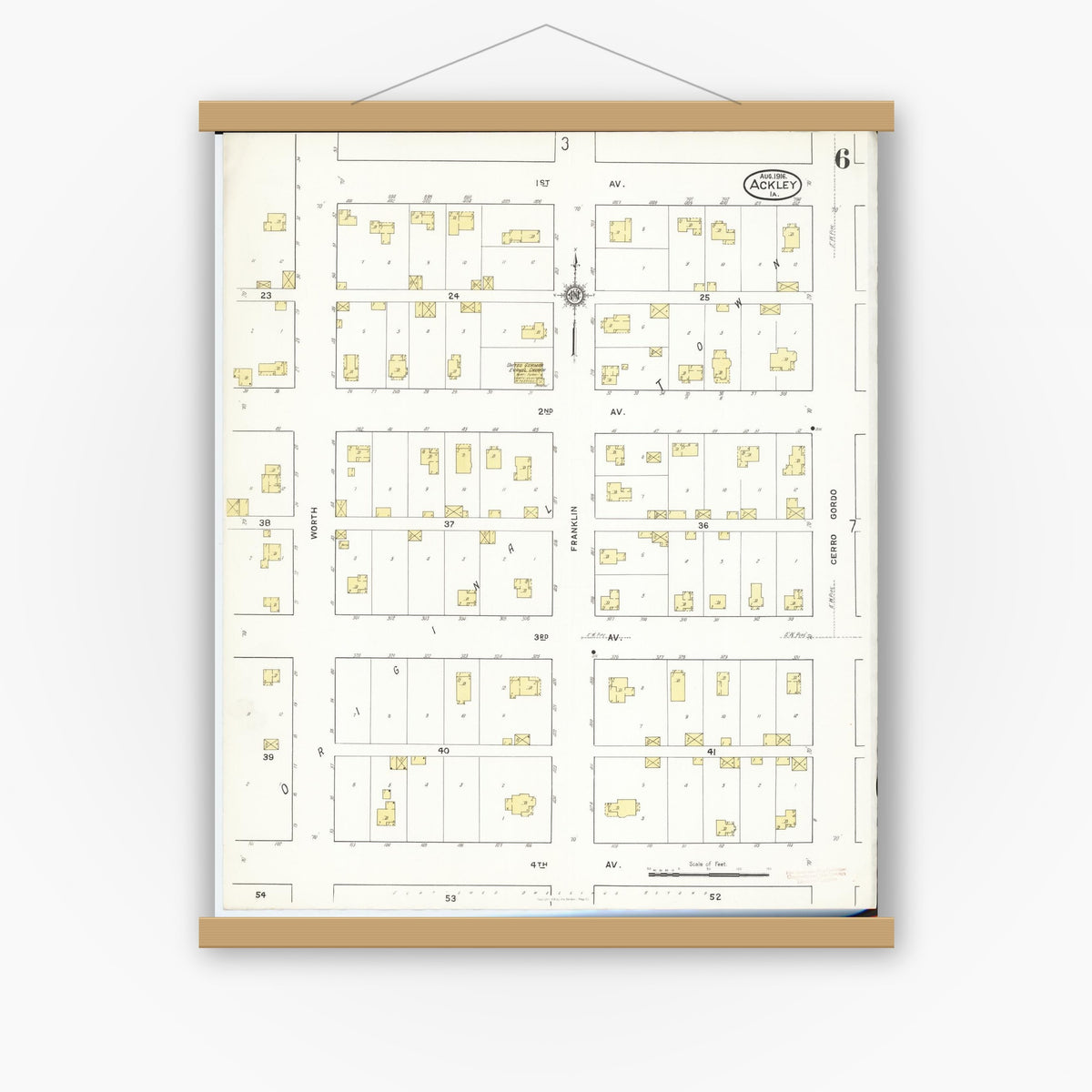 Old map wall art mockup — magnetic wood frame on white wall — Sanborn Fire Insurance Map from Ackley, Hardin and Franklin Counties, Iowa (1916), Sheet #0006