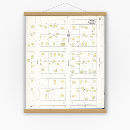 Old map wall art mockup — magnetic wood frame on white wall — Sanborn Fire Insurance Map from Ackley, Hardin and Franklin Counties, Iowa (1916), Sheet #0006