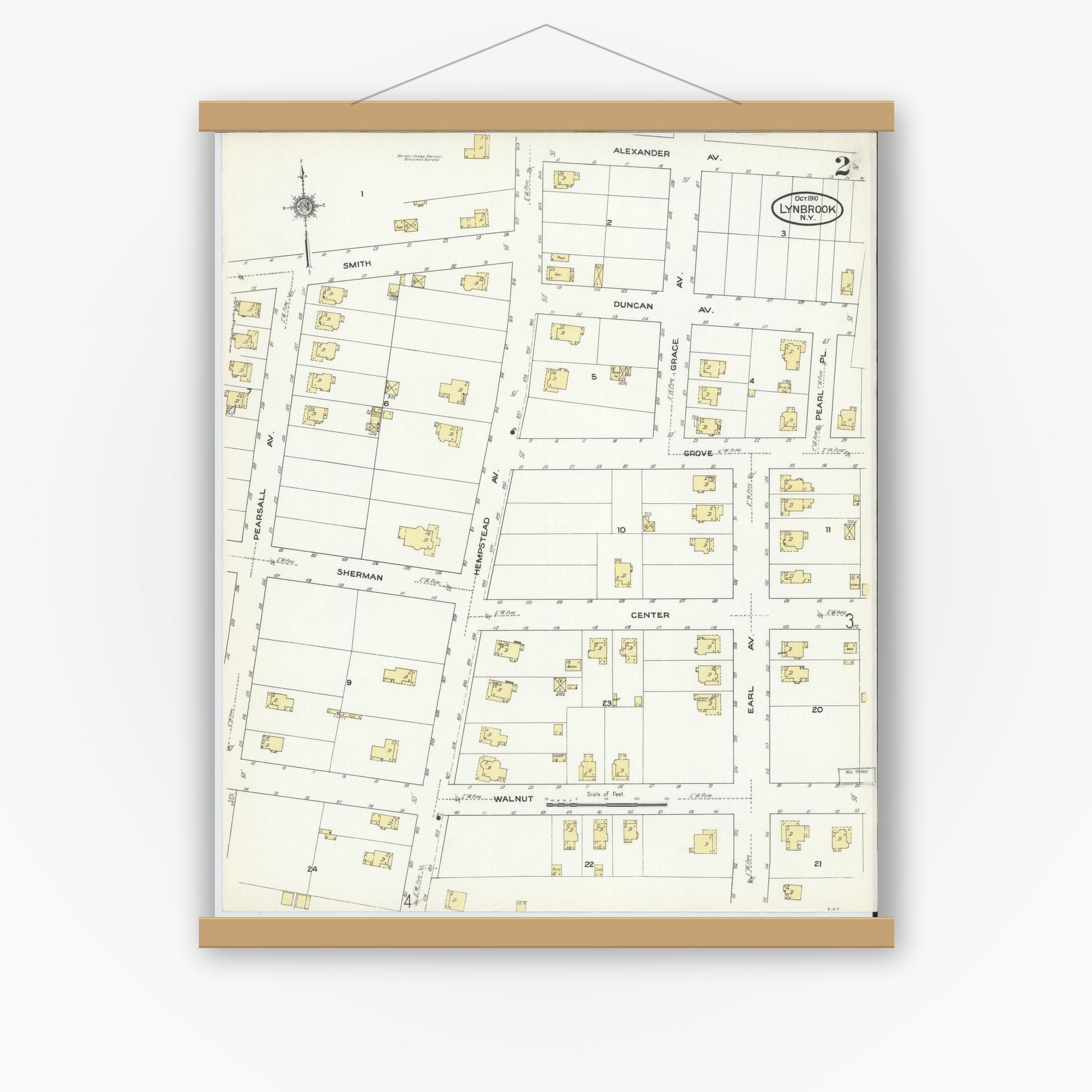 Old map wall art mockup — magnetic wood frame on white wall — Sanborn Fire Insurance Map from Lynbrook, Nassau County, New York (1910), Sheet #0002