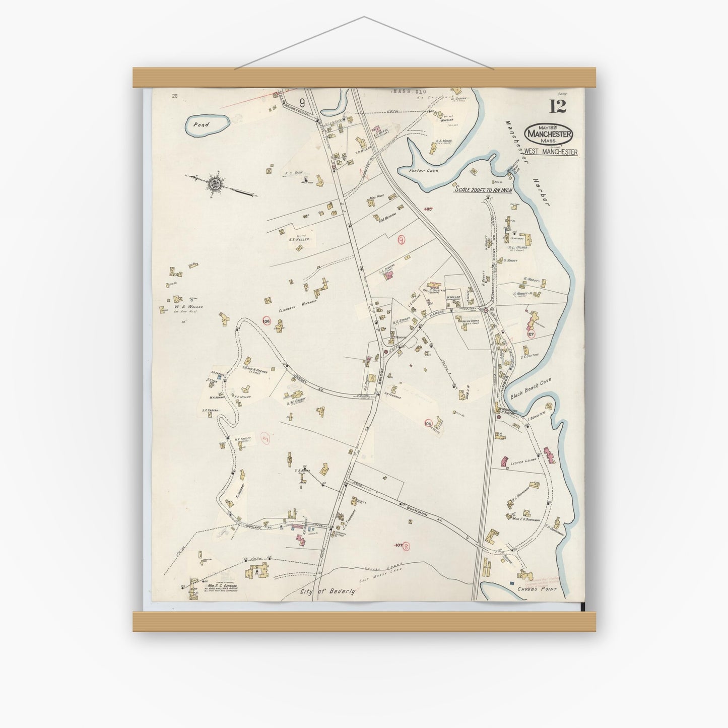 Old map wall art mockup — magnetic wood frame on white wall — Sanborn Fire Insurance Map from Manchester, Essex County, Massachusetts (1941), Sheet #0012