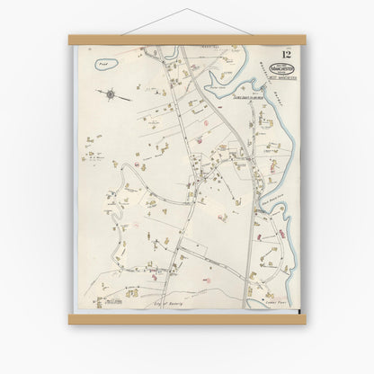 Old map wall art mockup — magnetic wood frame on white wall — Sanborn Fire Insurance Map from Manchester, Essex County, Massachusetts (1941), Sheet #0012