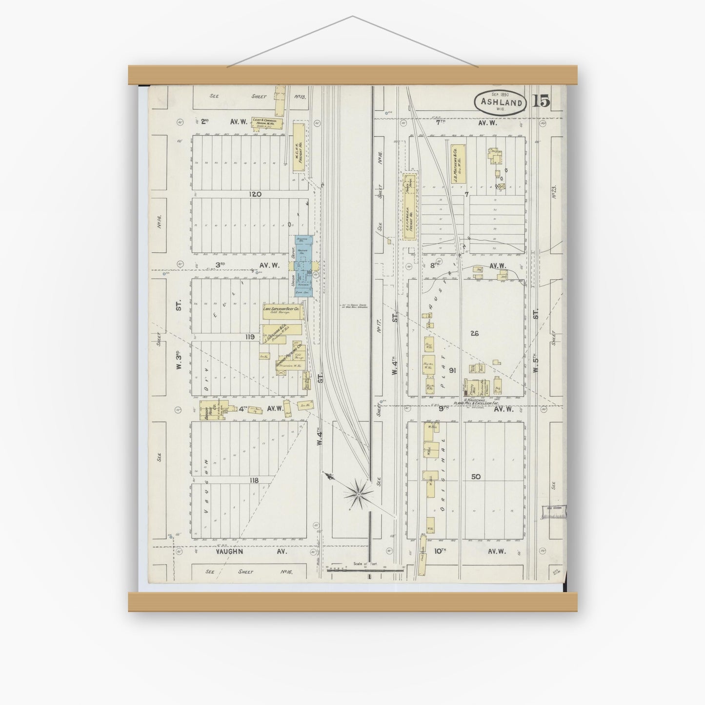 Old map wall art mockup — magnetic wood frame on white wall — Sanborn Fire Insurance Map from Ashland, Ashland County, Wisconsin (1890), Sheet #0015