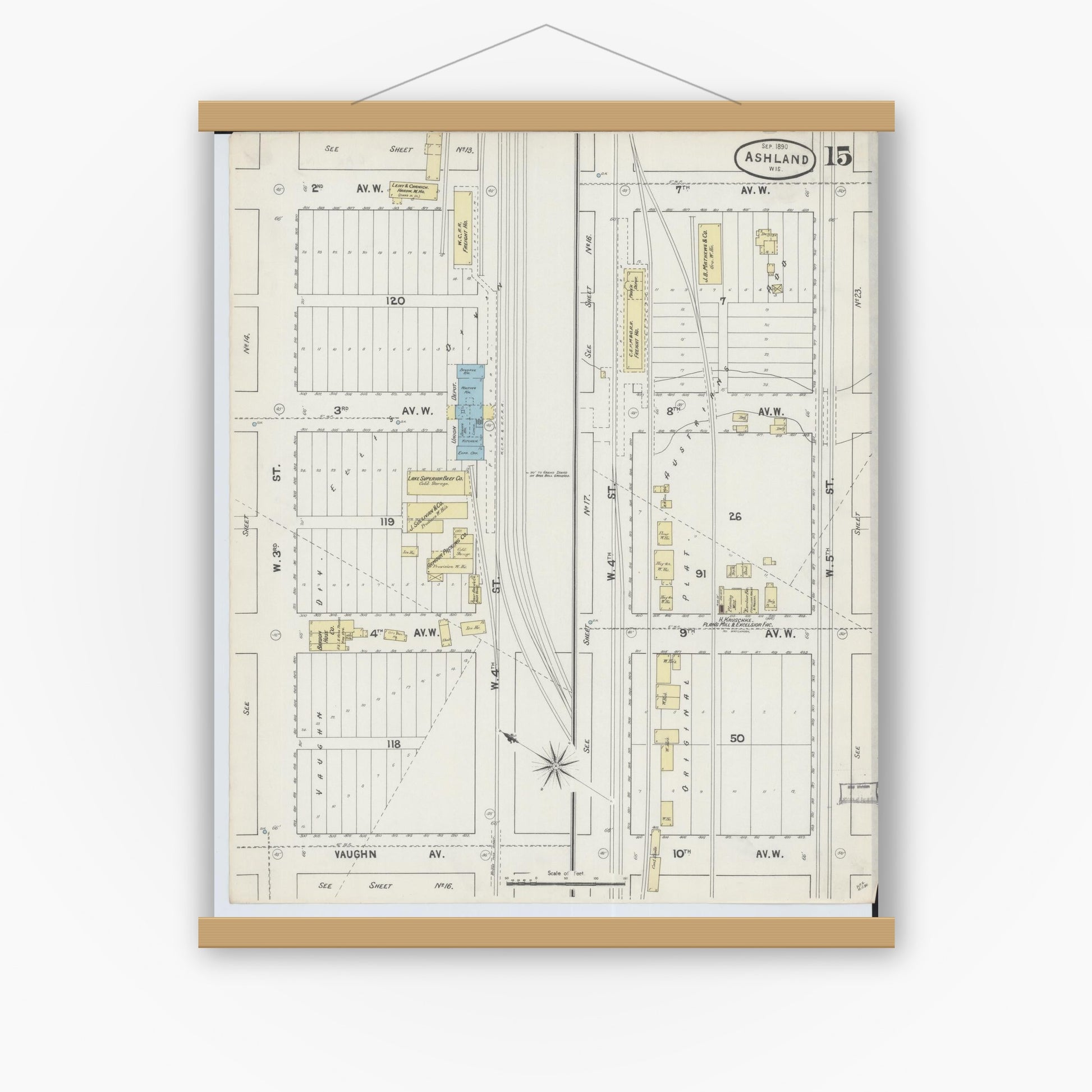 Old map wall art mockup — magnetic wood frame on white wall — Sanborn Fire Insurance Map from Ashland, Ashland County, Wisconsin (1890), Sheet #0015