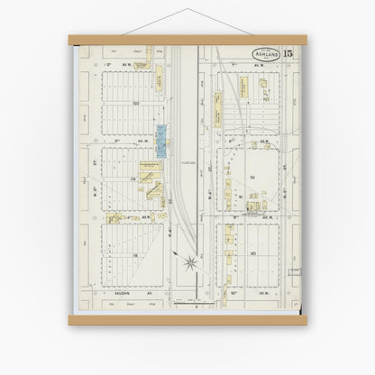 Old map wall art mockup — magnetic wood frame on white wall — Sanborn Fire Insurance Map from Ashland, Ashland County, Wisconsin (1890), Sheet #0015