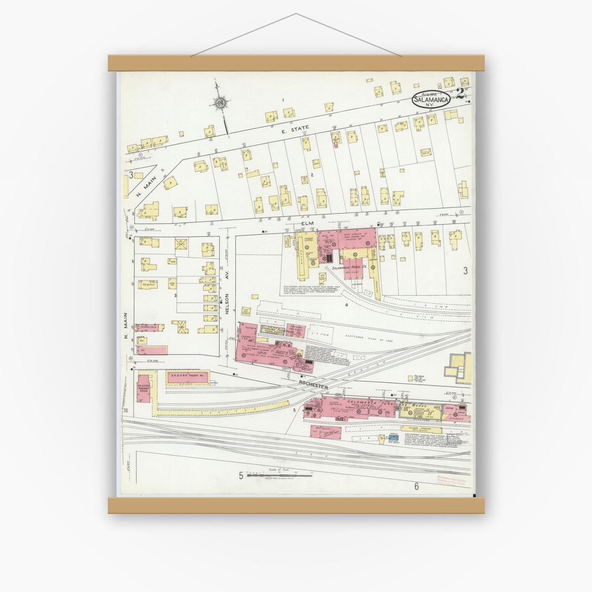 Old map wall art mockup — magnetic wood frame on white wall — Sanborn Fire Insurance Map from Salamanca, Cattaraugus County, New York (1918), Sheet #0002