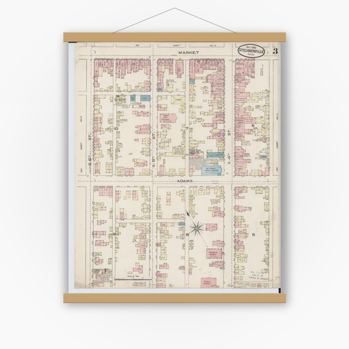 Old map wall art mockup — magnetic wood frame on white wall — Sanborn Fire Insurance Map from Steubenville, Jefferson County, Ohio (1885), Sheet #0003
