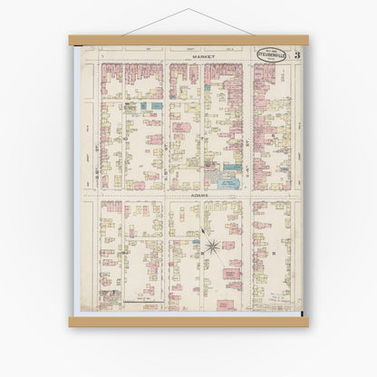 Old map wall art mockup — magnetic wood frame on white wall — Sanborn Fire Insurance Map from Steubenville, Jefferson County, Ohio (1885), Sheet #0003