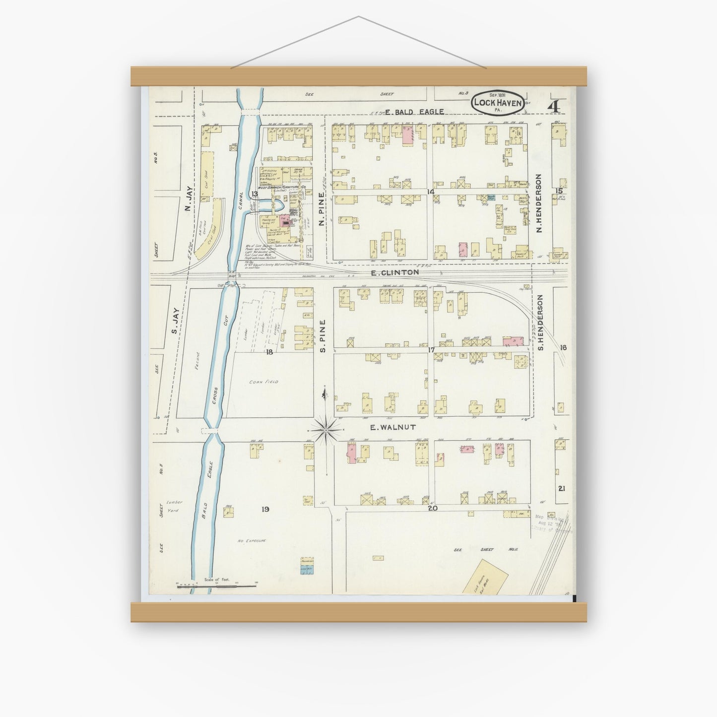 Old map wall art mockup — magnetic wood frame on white wall — Sanborn Fire Insurance Map from Lock Haven, Clinton County, Pennsylvania (1891), Sheet #0004