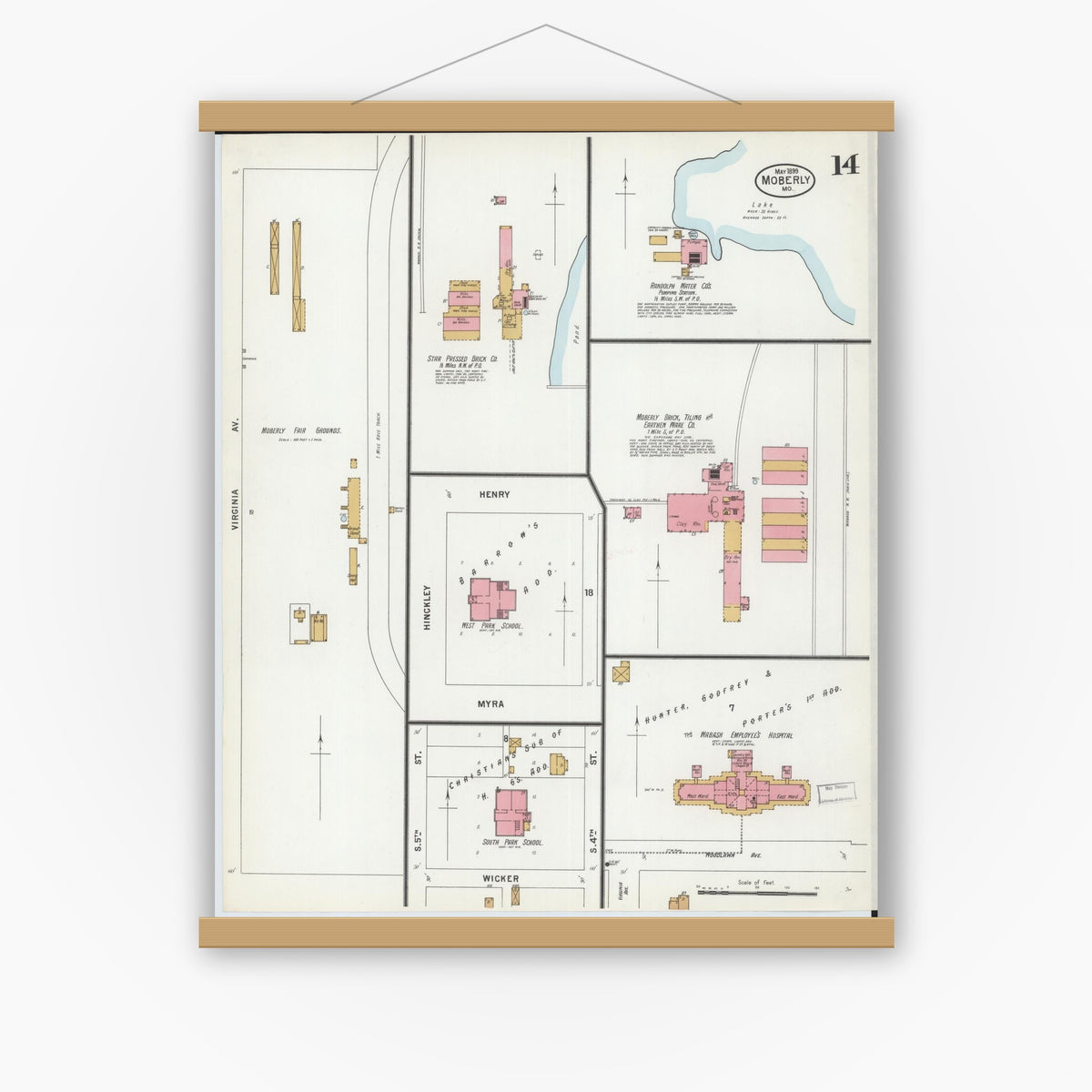 Old map wall art mockup — magnetic wood frame on white wall — Sanborn Fire Insurance Map from Moberly, Randolph County, Missouri (1899), Sheet #0014