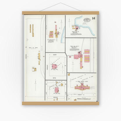 Old map wall art mockup — magnetic wood frame on white wall — Sanborn Fire Insurance Map from Moberly, Randolph County, Missouri (1899), Sheet #0014