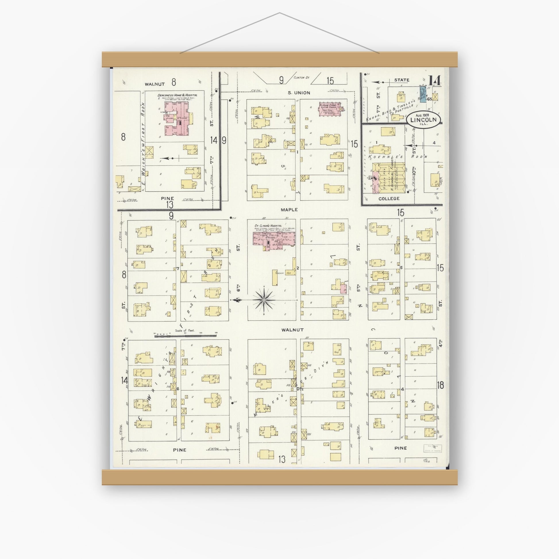 Old map wall art mockup — magnetic wood frame on white wall — Sanborn Fire Insurance Map from Lincoln, Logan County, Illinois (1909), Sheet #0014