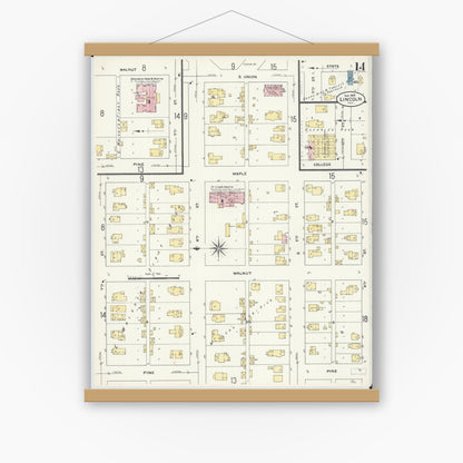 Old map wall art mockup — magnetic wood frame on white wall — Sanborn Fire Insurance Map from Lincoln, Logan County, Illinois (1909), Sheet #0014