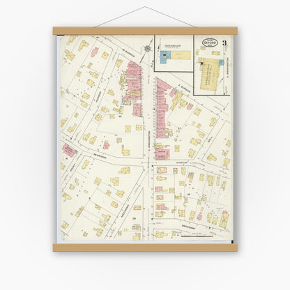 Old map wall art mockup — magnetic wood frame on white wall — Sanborn Fire Insurance Map from Oxford, Oakland County, Michigan (1915), Sheet #0003