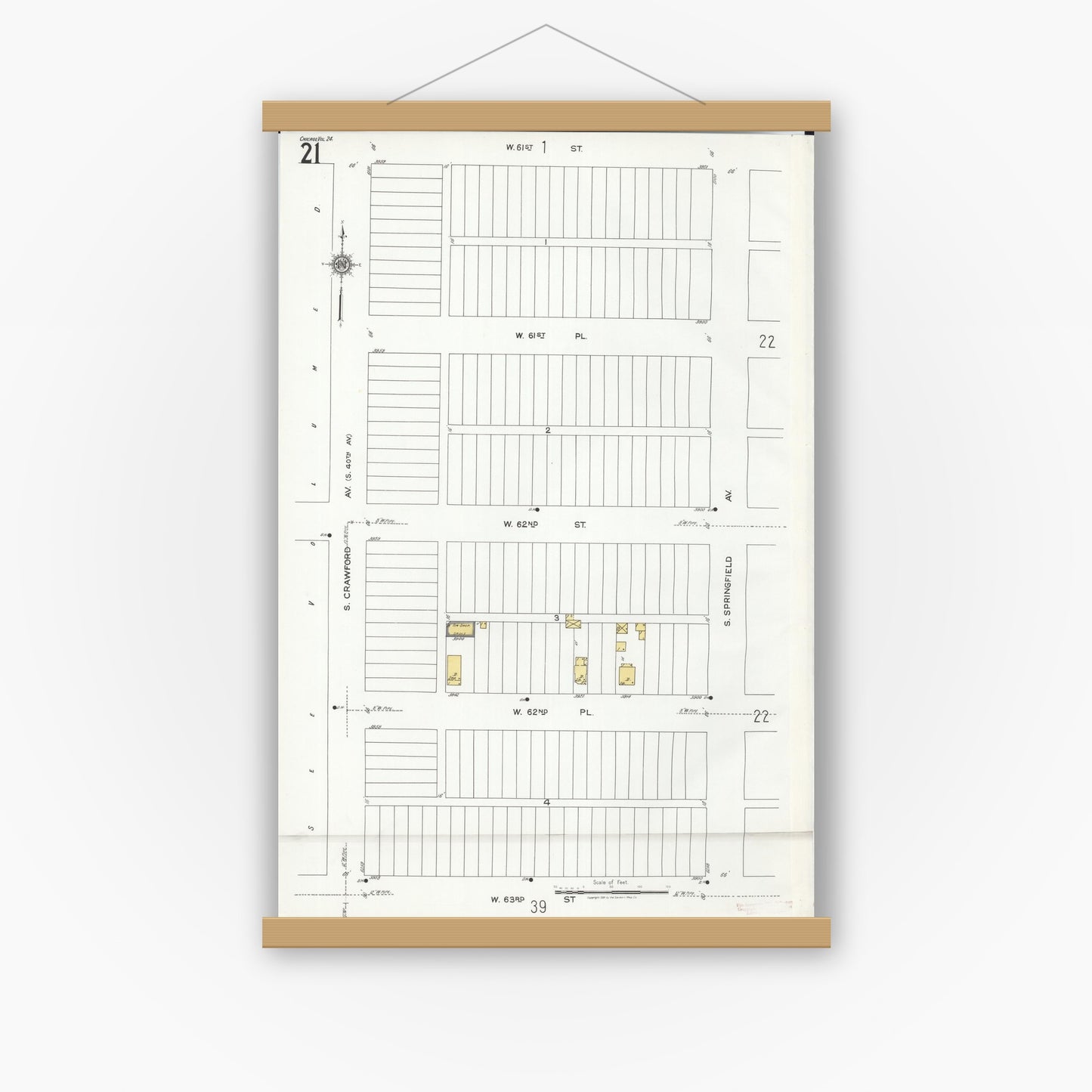 Old map wall art mockup — magnetic wood frame on white wall — Sanborn Fire Insurance Map from Chicago, Cook County, Illinois (1920), Sheet #0021